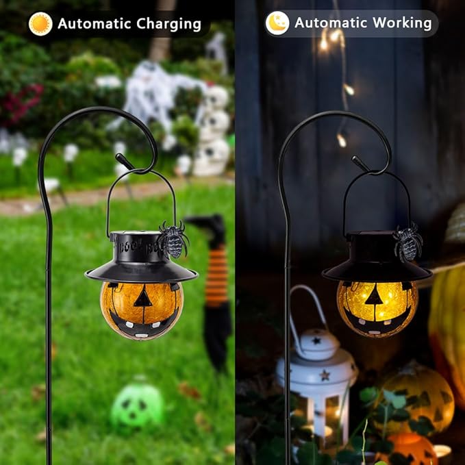Viveta 2 Pcs Halloween Lights with Shepherd Hooks, Solar Lanterns Outdoor Waterproof for Halloween Decorations Outdoor Patio Yard Lawn