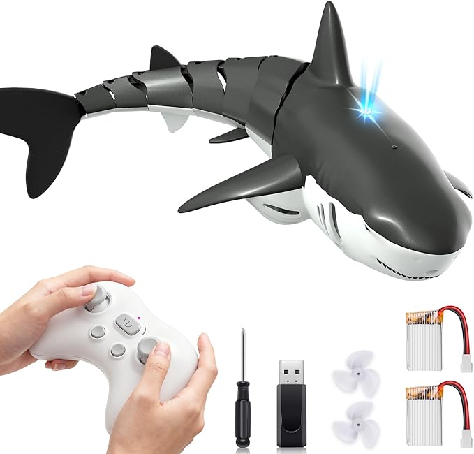 2.4Ghz Remote Control Shark Pool Toys for Boys KidsHighly Realistic Shark Pool Toys for KidsRC Boat Outdoor Water Toy with Light and Spray Water for Boys Girls Ages 6+ (with 2 Batteries)