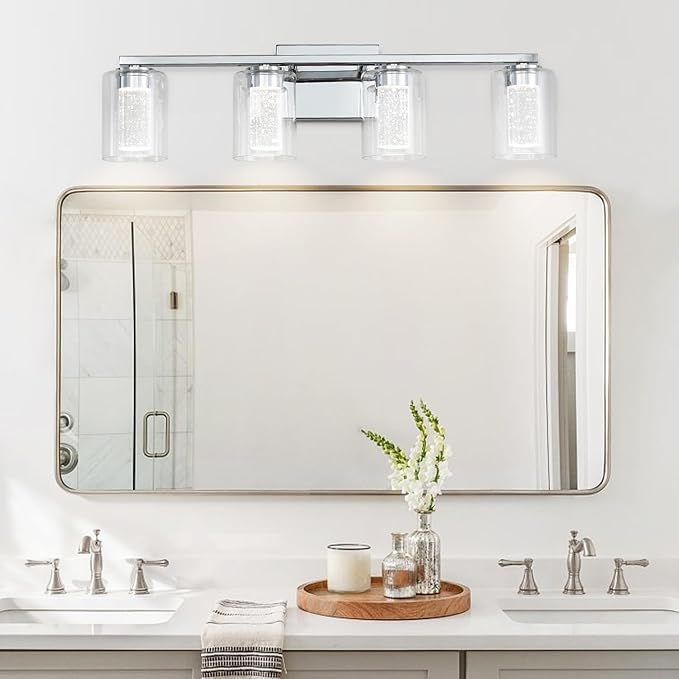 4 Light Chrome Bathroom Light Fixture, Dimmable 5CCT Chromes Bathroom Vanity Lights, 2700K-6500K Modern Crystal Bubble LED Wall Sconce Over Mirror with Clear Glass for Bedroom, Living Room