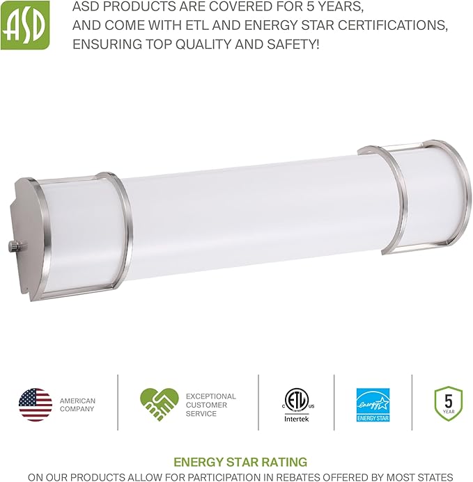 ASD LED 36" Vanity Flush Mount Light Fixture, Linear Bathroom Lighting Bar | 3CCT, Dimmable, Energy Star, ETL Listed | 30W 2650LM 3000-5000K 120V | Long Tube Bath Wall Sconce Over Mirror | Nickel