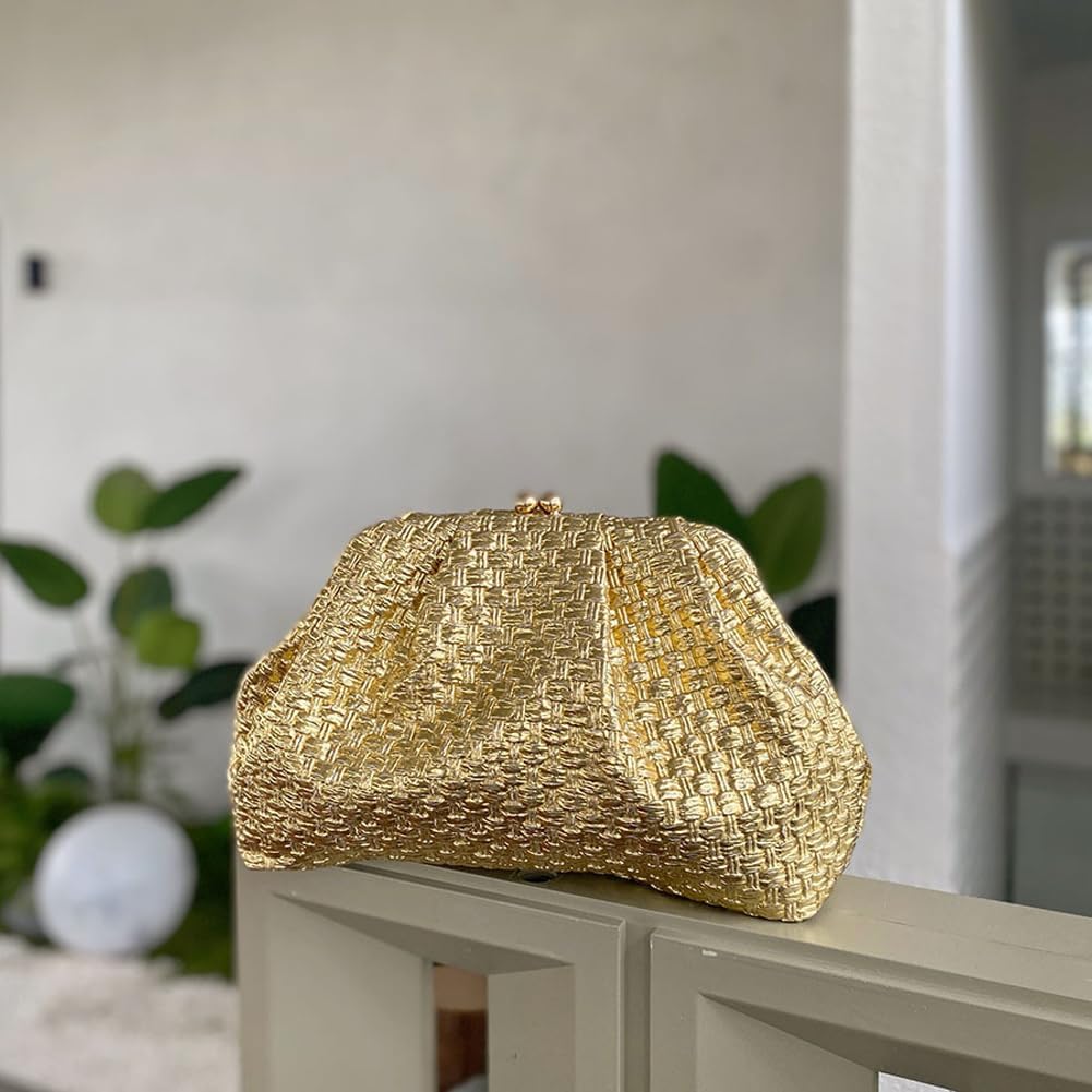 CUXVA Woven Pattern Clutch Purse Ruched Dumpling Evening Bag Chain Strap Handbags Elegant PU Leather Clutch Bag