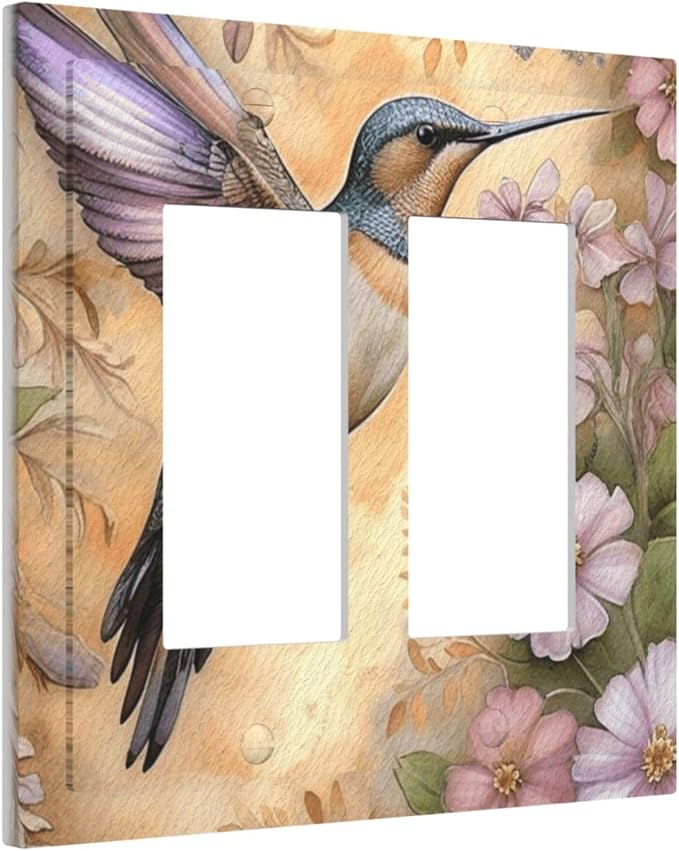 Decorative Art Light Switch Covers Blossom & Hummingbird 2 Gang Dual Rocker Outlet Switch plate Faceplate GFCI for Home Decor