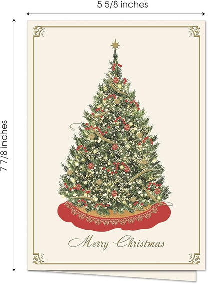 Masterpiece Elegant Tree Christmas Cards / 15 Boxed Winter Holiday Card Set With With Gold And Red Foil Accents And Gold Foil Lined Envelopes / 5 5/8" x 7 7/8" Folded Christmas Tree Greeting Cards