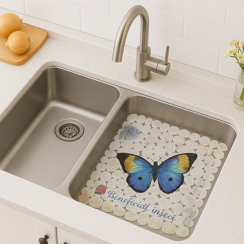 Printed PVC Sink Mat – Decorative 15.7" x 11.8" Flexible Sink Protector with Quick-Draining Pebble Texture – Scratch-Resistant, Easy-Clean Liner for Kitchen Sinks – Dependable Industries (Butterfly)