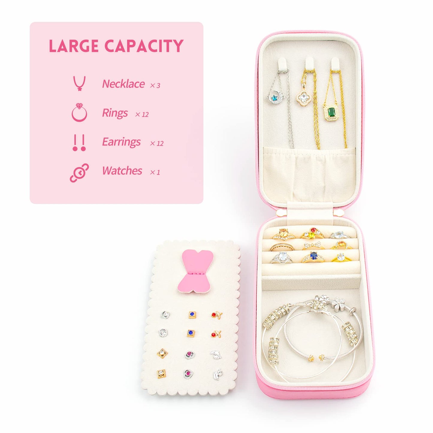 Small Travel Jewelry Organizers Box for women with PU Leather Portable Mini Jewelry Case with compartments for Necklace Rings Earrings,Luxury Giftable boxes. (Pink, M)