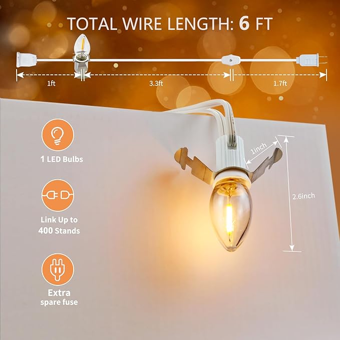 4 Pack Accessory Cord with LED Night Light Bulbs - White Cord with On/Off Switch Plugs - C7 led Bulb Warm White with Spare Fuse, for Holiday Decoration and Craft Village House Decoration