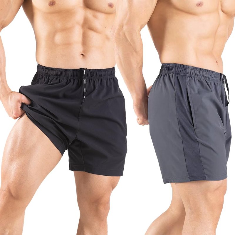 Gaglg Men's 5" Running Shorts 2 Pack Quick Dry Athletic Workout Gym Shorts with Zipper Pockets Black/Dark Grey,Medium
