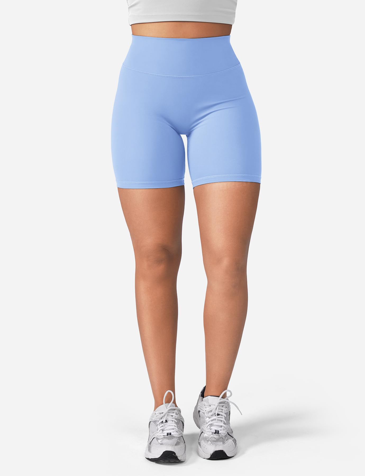 YEOREO Women's Biker Shorts 3.6" / 4.5" / 6" Workout Gym Shorts High Waist Tummy Control Hidden Scrunch Running Yoga Light Blue