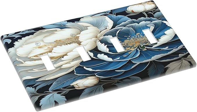 White Blue Flower Peonies Light Switch Covers Quad Toggle 4 Gang Wall Plate Decorative Switchplate Electrical Faceplate for Farmhouse Bathroom Living Decor