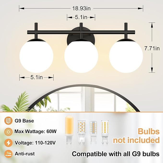 3-Light Bathroom Light Fixtures, Matte Black Vanity Lights for Bathroom with Milky White Glass Ball Shades, 18.9 inch Bathroom Lighting Fixtures Over Mirror, Wall Sconce for Bedroom (Exclude G9 Bulb)