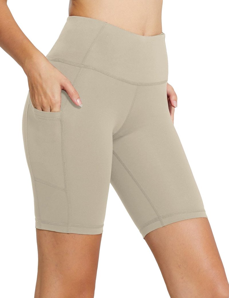 baleaf Biker Shorts Women Yoga Gym Workout Spandex Running Volleyball Tummy Control Compression with Pockets 8" Khaki XS