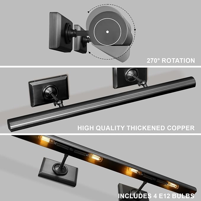 Picture Light, 30in Hardwired Picture Lights for Wall, Dimmable Poster Paintings Frames Light, Brass 4 Lighting Wall Sconces for Art Display Gallery Bathroom Living-Included Bulbs(Black)