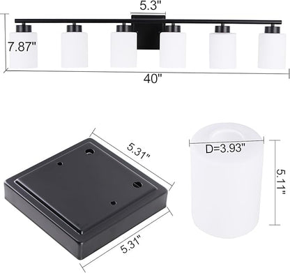 6 Light Bathroom Light Fixtures, 40 Inches Vanity Lights for Mirror, Black Vanity Lighting Fixtures with Milky White Glass Shades