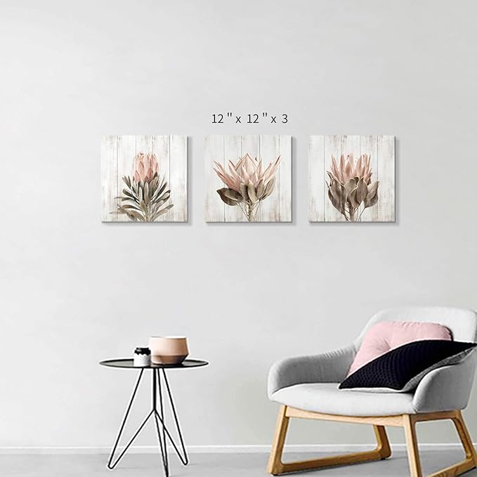 Floral Canvas Wall Art Print: Flower Bloom Picture Graphic Artwork Painting for Washrooms (12"x12"x3pcs)