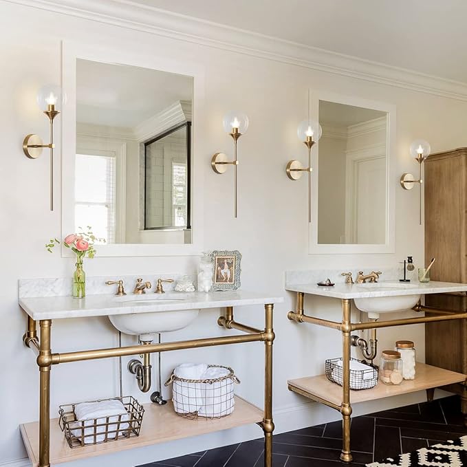 BOKT Clear Bubble Glass Globe Wall Mounted Sconce Light Set of 2 Modern Brass Gold Long Pole Wall Sconce Lighting Set of Two Mid Century Vintage Bathroom Mirror Wall Lamp (Clear)