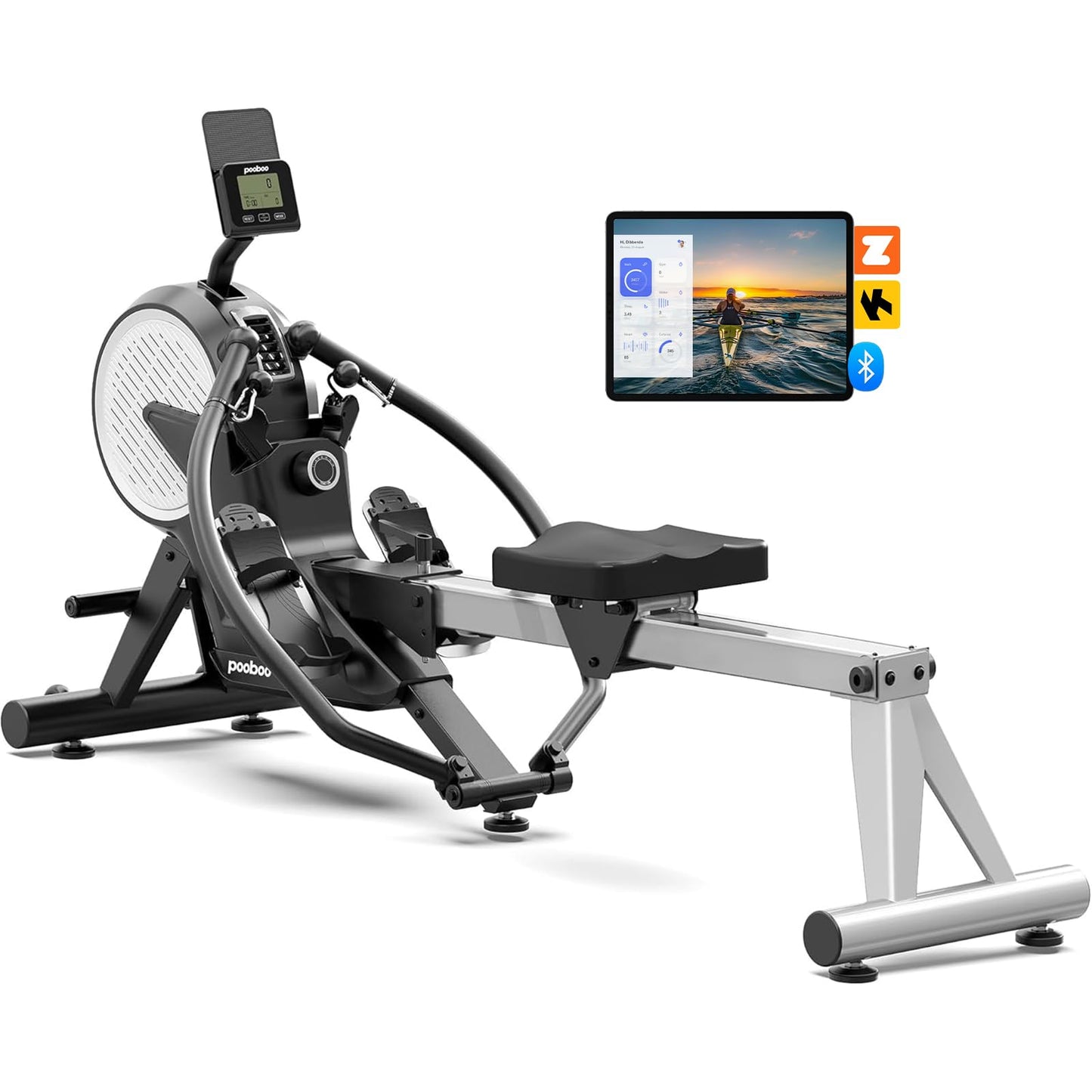pooboo Rowing Machines for Home, Dual Wind & Magnetic Resistance, Foldable Row Machine 400 LB Weight Capacity, 14 Levels Resistance Quiet Rowers for at Home Exercise, App Supported