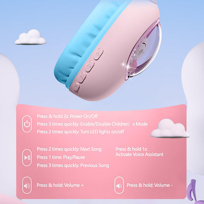 esonstyle Kids Headphones Cat Ear - Bluetooth 5.4 Over-Ear Noise Cancelling Headphones with Microphone LED Lights Up 85dB Safe Volume Limit Wireless or 3.5mm Wired USB C(Pink Blue)