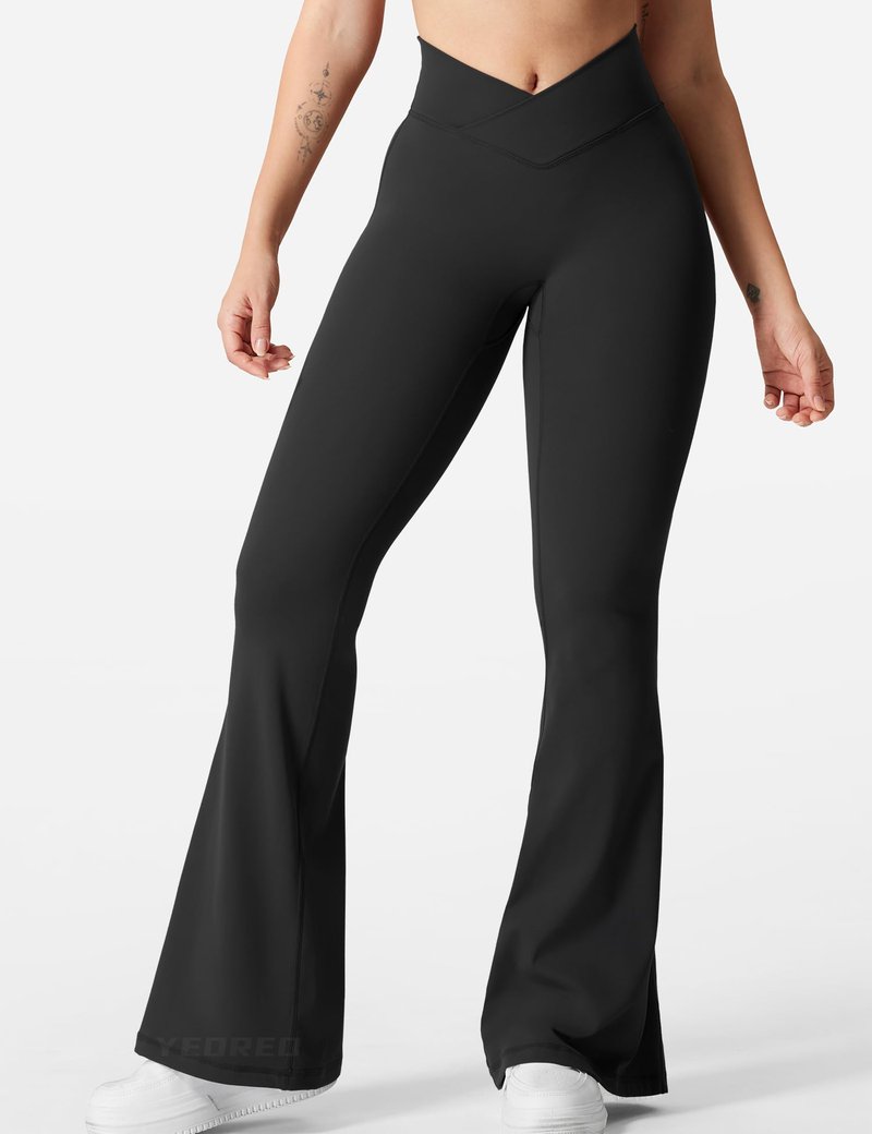 YEOREO Kalie Flare Scrunch Leggings for Women V Cross Waist Bell Bottom Yoga Pants Tummy Control Bootcut Workout Leggings Black L