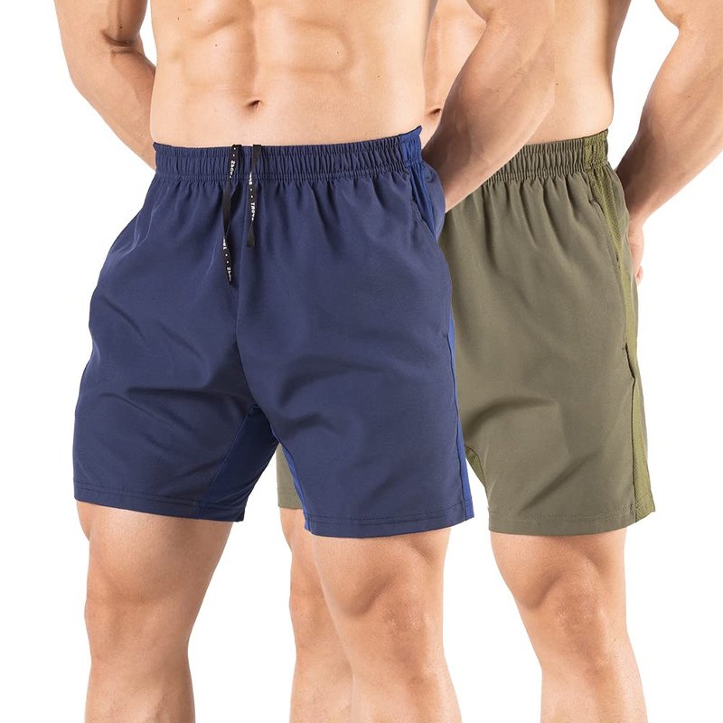 Gaglg Men's 5" Running Shorts 2 Pack Quick Dry Athletic Workout Gym Shorts with Zipper Pockets Navy/Green,Medium
