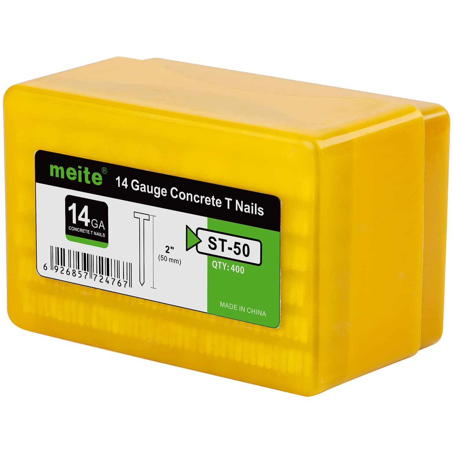 meite 14 Gauge Concrete Nails 2 Inch Leg T-Nails for Concrete Nailer Gun, Galvanized Glue-collated Steel T Nails for Furring Strips Decking Truss Building, 400PCS/Box