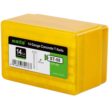 meite 14 Gauge Concrete Nails 2 Inch Leg T-Nails for Concrete Nailer Gun, Galvanized Glue-collated Steel T Nails for Furring Strips Decking Truss Building, 400PCS/Box