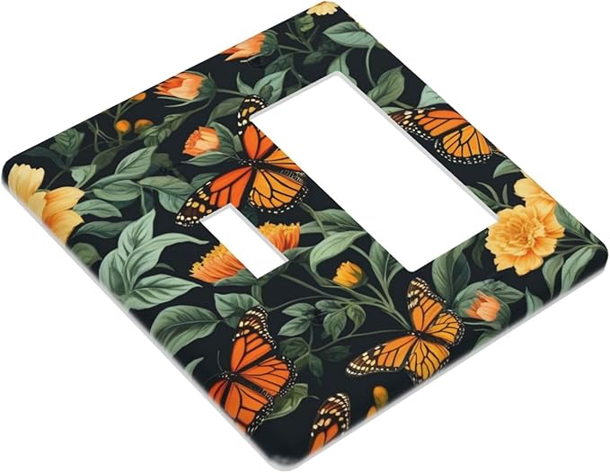 Butterflies, Floral Pattern, Monarch Butterflies, Nature Illustration, Vibrant Colors, Orange And Yellow Flowers, Dark Background, Botanical Art