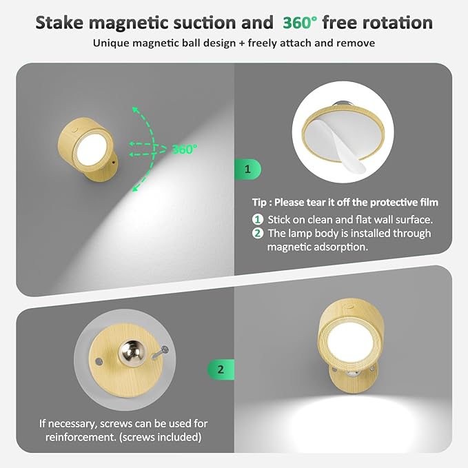 Lightbiz LED Wall Sconces, Wall Mounted Lamp 3 Pcs with Remote Rechargeable Battery Operated, 3 Color Temperatures & Dimmable Wall Lights Magnetic 360° Rotation Light