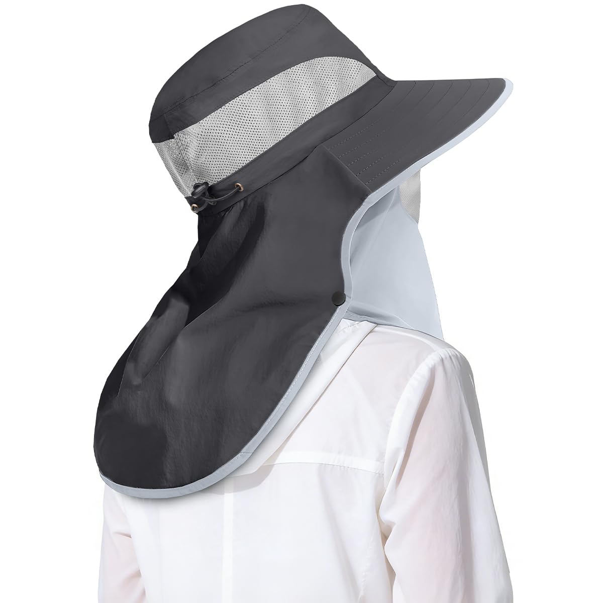 ZEXIAN Men&Women Wide Brim Fishing Ponytail Sun Hat with Removable Face and Neck Flap UPF 50+ UV Protection Safari Cap (US, Alpha, One Size, Dark Grey)