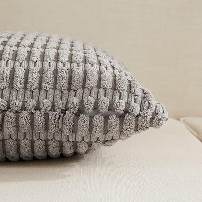 Fancy Homi Gray Lumbar Farmhouse Decorative Throw Pillow Covers 12x24 Inch for Living Room Couch Bed Sofa, Rustic Boho Home Decor, Soft Striped Corduroy Rectangle Cushion Case 30x60 cm