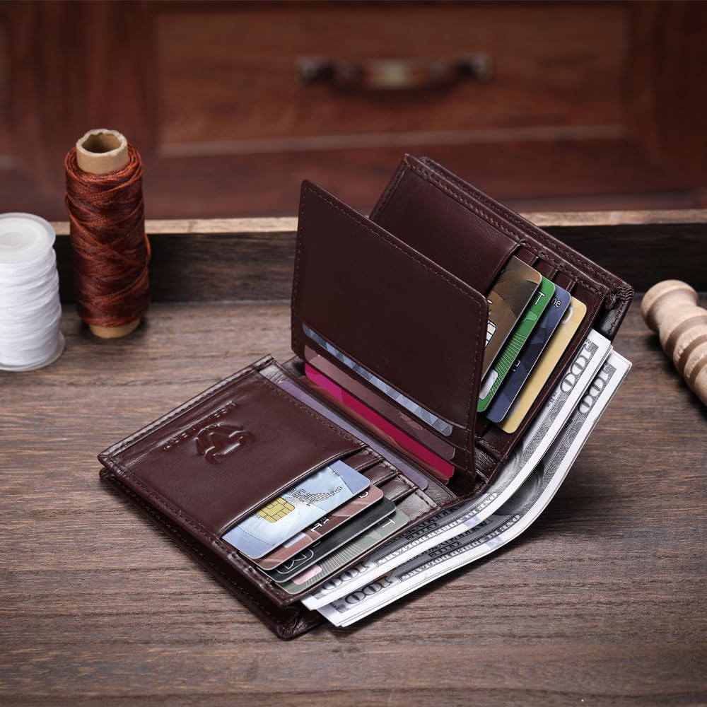 LEBULLBRO Leather Wallet for Mens Bifold Wallet RFID Blocking Large Capacity Purse Credit Card Holder for Men with 15 Card Slots (Coffee)