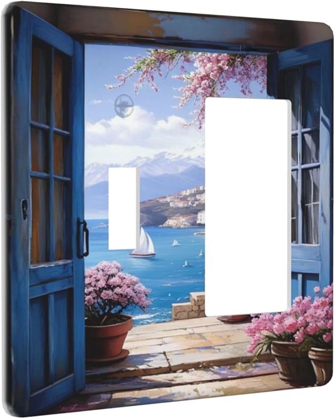 Decorative Art Light Switch Covers Seaside Window View 2 Gang Single Toggle Rocker Combination Electrical Faceplate Switchplate Wall Plate for Home Decor