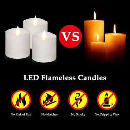 Flameless Candles with Flickering Flame & Remote - 3×3'' Battery Operated LED Pillar Candles, Smokeless Fake Candles for Indoor Use - Realistic 3 Inch Drip-Free Candles with Timer (White, 3-Pack)