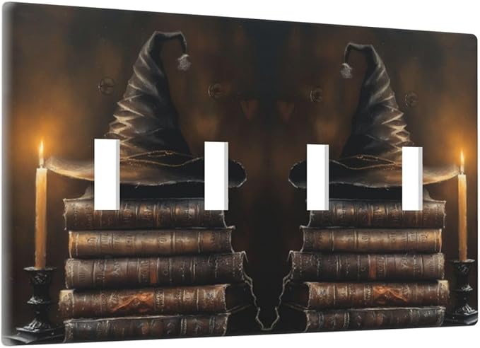 Decorative Art Light Switch Covers Wizard’s Hat & Spellbooks Quad Toggle 4 Gang Wall Plate Switch plate Electrical Faceplate for Home Decor