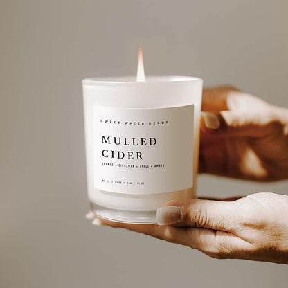 Sweet Water Decor Mulled Cider Soy Candle | Orange | Lemon | Cinnamon | Cranberry | Apple | Cedar | Amber Scented Candle for Home | 11oz White Jar Candle, 50+ Hour Burn Time, Made in The USA