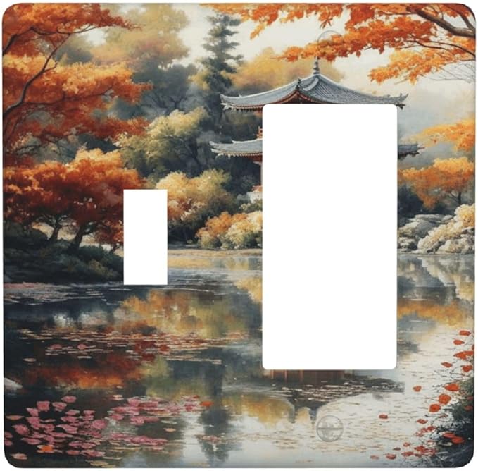 Decorative Art Light Switch Covers Lake & Pagoda in Fall 2 Gang Single Toggle Rocker Combination Electrical Faceplate Switchplate Wall Plate for Home Decor