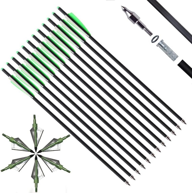 20 Inch Carbon Crossbow Bolts Set - 12 Hunting Arrows with 6 Broadheads for Archery Practice | Durable Carbon Material