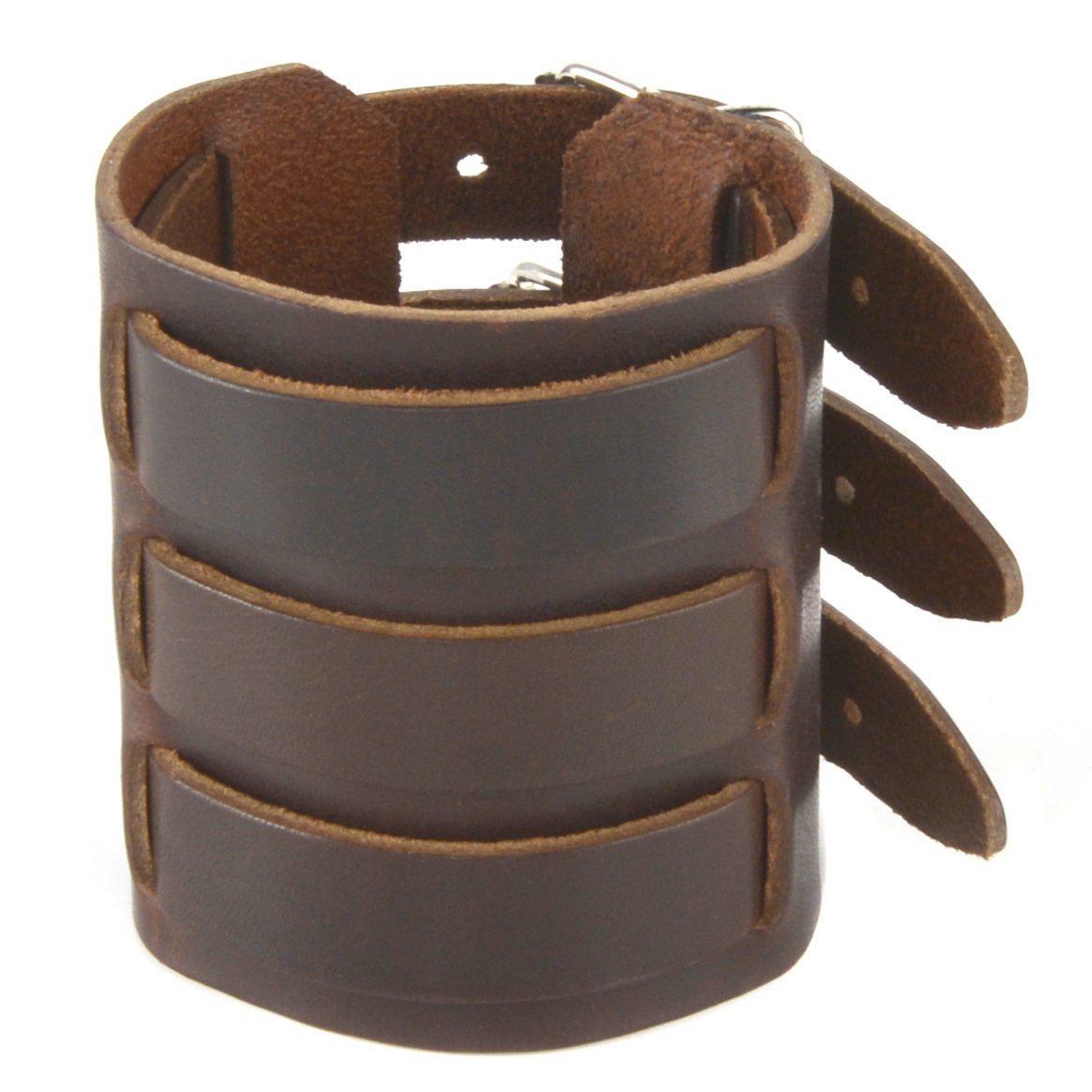 HZMAN Dark Brown Leather Wide Triple Strap Cuff Wrap Gauntlet Wristband Buckle Fastening Arm Armor Cuff (Brown)