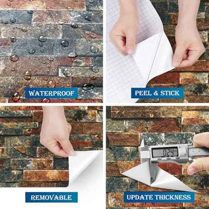 FunStick Vintage Faux Brick Wallpaper Peel and Stick 3D Textured Squares Brown Red Blue Brick Wall Paper Roll for Kitchen Bedroom Waterproof Brick Contact Paper for Walls Fireplace Removable 15.8"x80"
