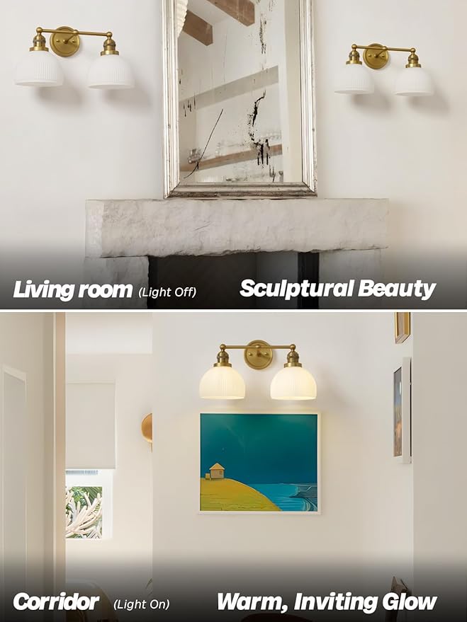 2-Light Gold Wall Sconces,Vintage Bathroom Wall Sconce Light with Milk Glass Double Arm Brass Bathroom Vanity Light for Living Room Bedroom Kitchen E26 Hardwire Indoor