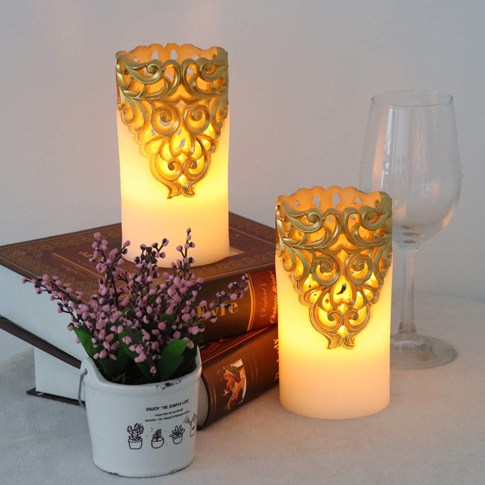 Eldnacele Flameless Christmas Gold Candles with 5H Timer, Flickering Real Wax Battery Operated Pillar Candles for Christmas Holiday Decoration Gold (D3 x H6)