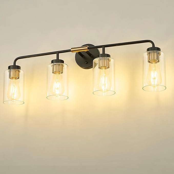 zeyu Farmhouse 4-Light Bathroom Vanity Light, 30 Inch Bathroom Lights Over Mirror, Black and Gold Finish with Clear Glass, ZS62B-4W BK+BG