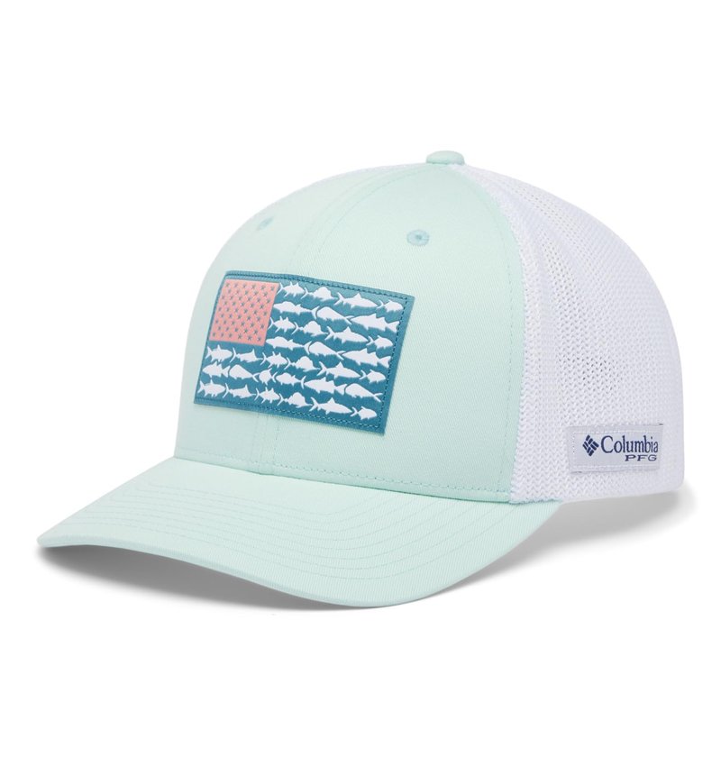 Columbia Unisex PFG Fish Flag Mesh Ball Cap, ICY Morn/White/US Fish Flag, Small/Medium