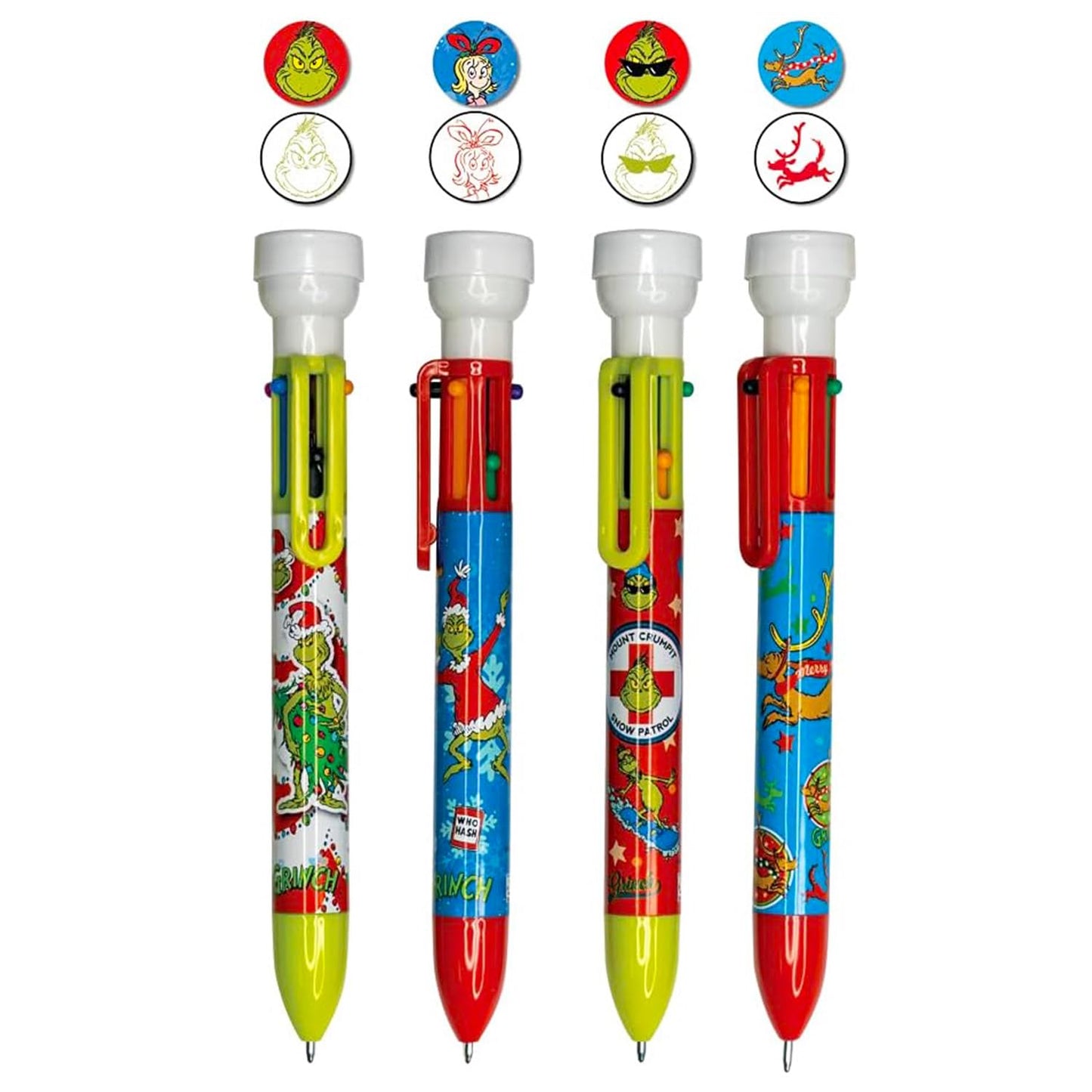 Dr. Seuss Grinch Pen 4 Pack - 4 Pc Bundle with Multicolor Ballpoint Pens with Stamper Christmas Gift Plus Stickers | How the Grinch Stole Christmas Stationery for Kids, Girls, Boys