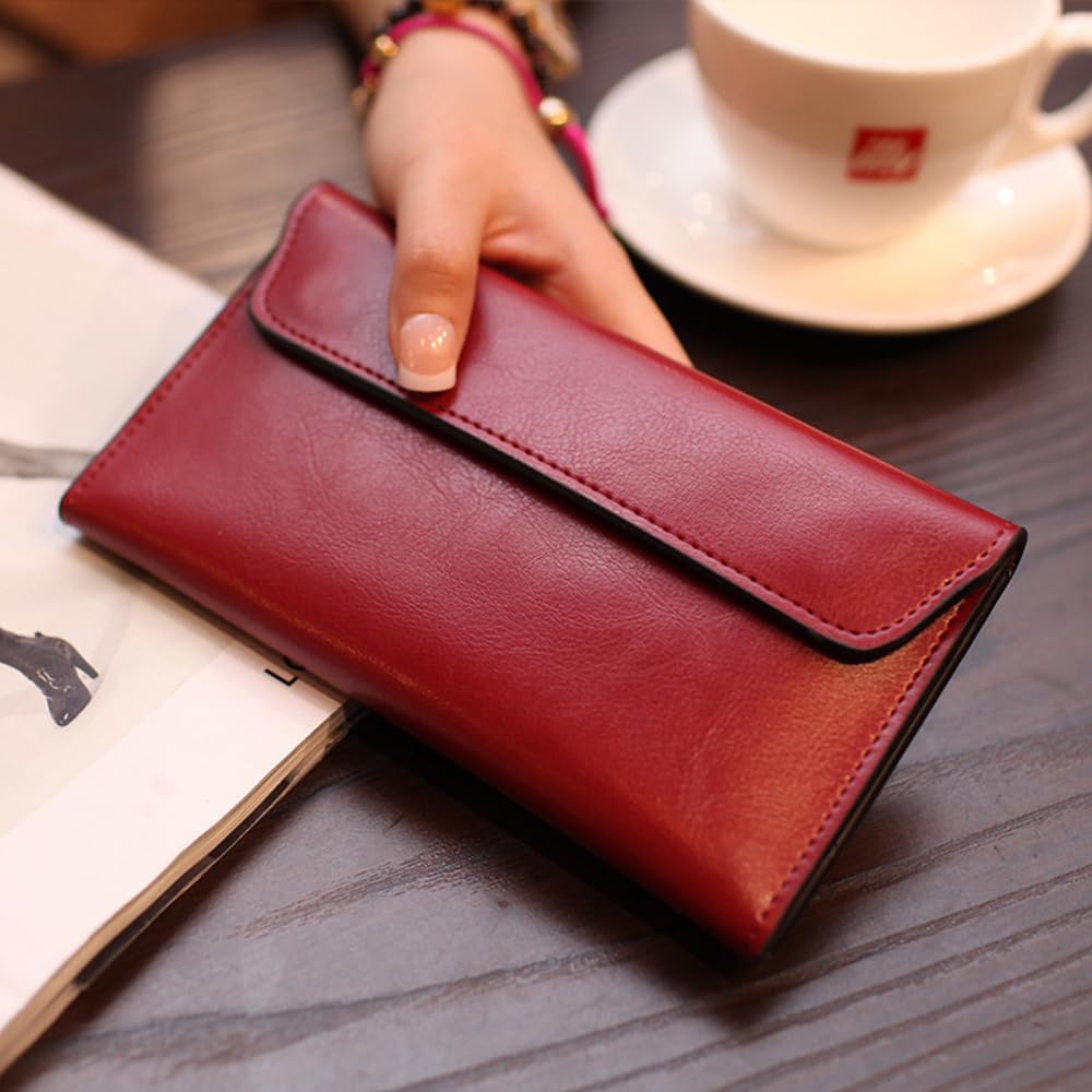 Retro Leather Envelope Women's Phone Card Holder Wallet, Thin Large Capacity Multifunctiona Leather Wallet, Clutch Wallet for Mother's Day Thanksgiving Fashion Gift (Wine Red)