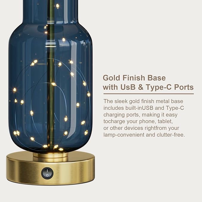 Oneach 22" Glass Table Lamps Set of 2, Blue Modern Bedside Lamp with LED Night Light for Living Room, Nightstand Lamp with USB Ports for Bedrooms, Study Room, End Table(2 Bulbs Included)