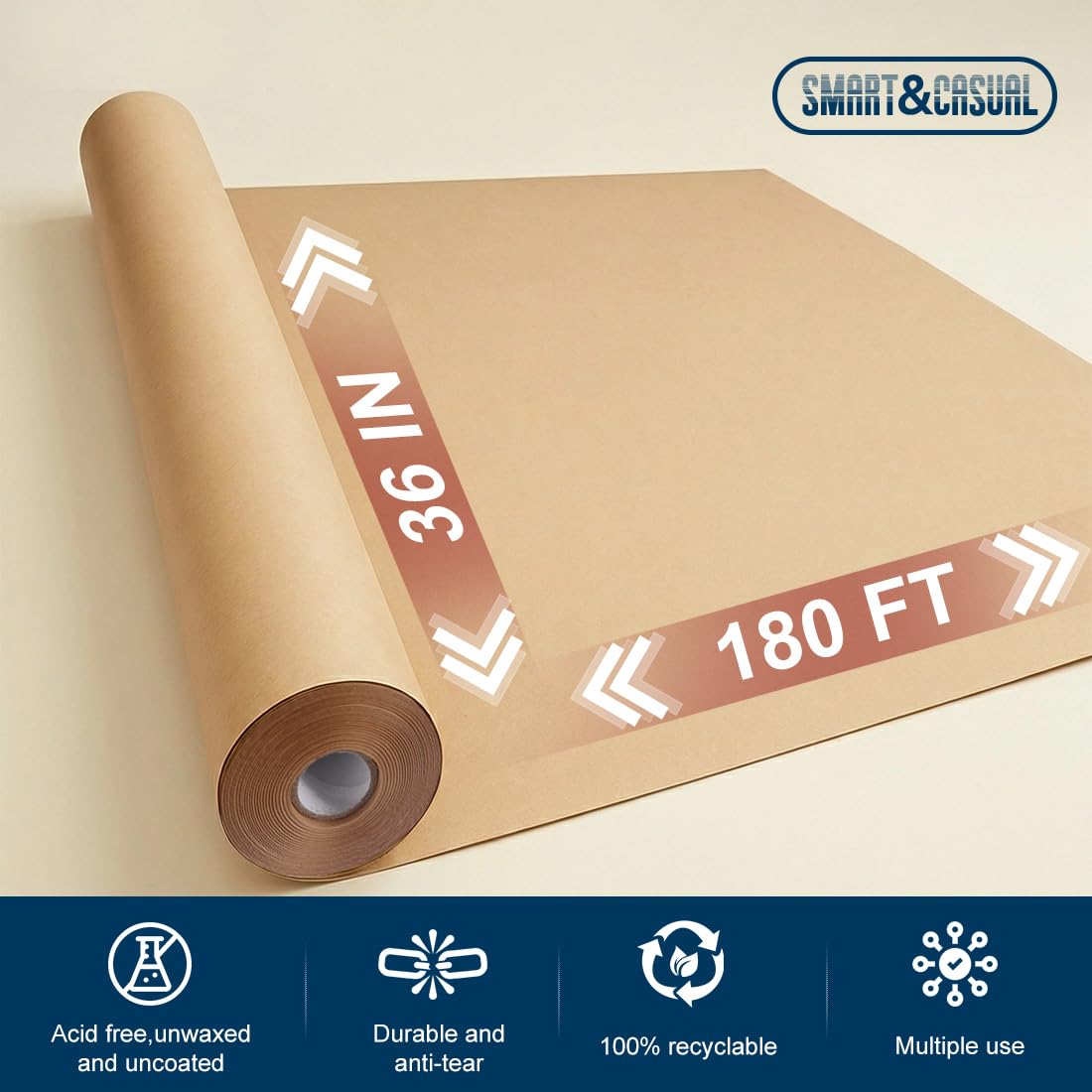 SMART&CASUAL Brown Kraft Paper Roll 36" x 2,160" (180') for Gift Wrapping Bouquet Flower Art Painting Craft Writing Packaging Shipping 70GSM 50LB (Brown, 36" x 180')