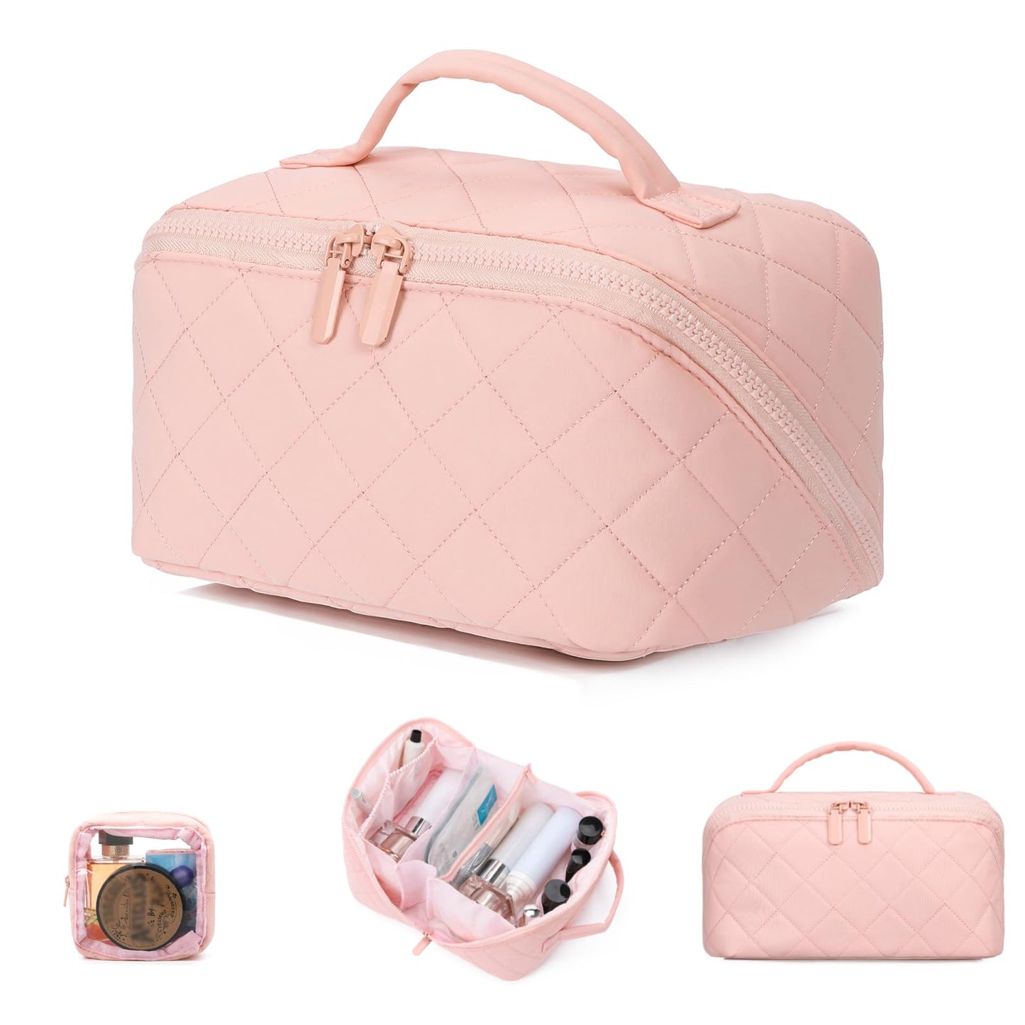 AMXNX Makeup Bag for Woman Quilted Puffer Cosmetic Bags Travel Organizer Large Capacity Wide-open Pouch Toiletry Bag Set