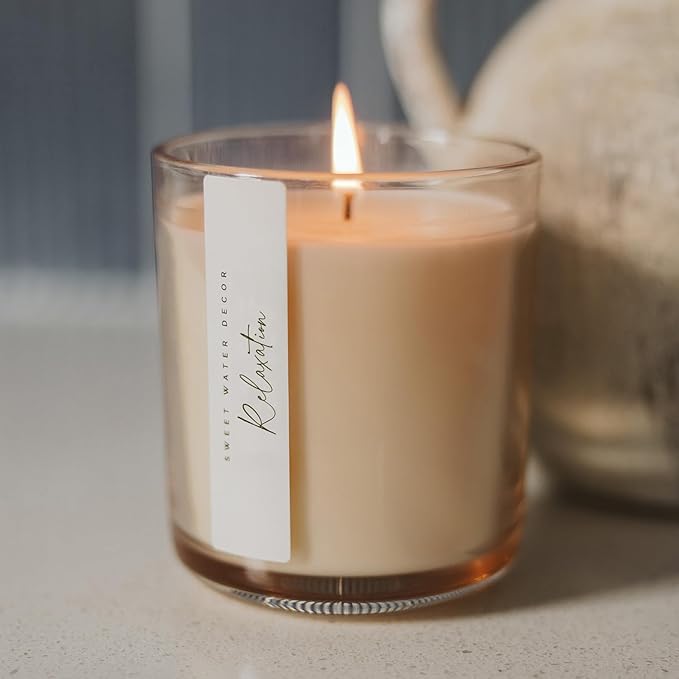 Sweet Water Decor Relaxation Scented Soy Candles – Eucalyptus, Peppermint, Powder, Patchouli, Vanilla – Cozy, Calming Aroma – 50 Hour Burn – 12oz Tinted Glass Jar for Home Decor and Bedroom Decor