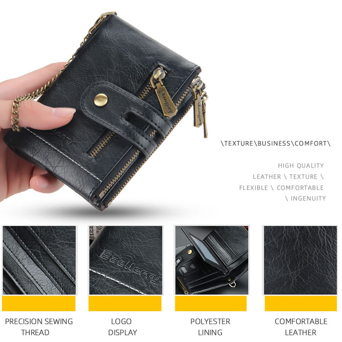 SUMGOGO Wallets for Men Bifold Leather Wallets with Chain RFID Blocking Double Zipper Coin Pocket Short Purse (Coffee)