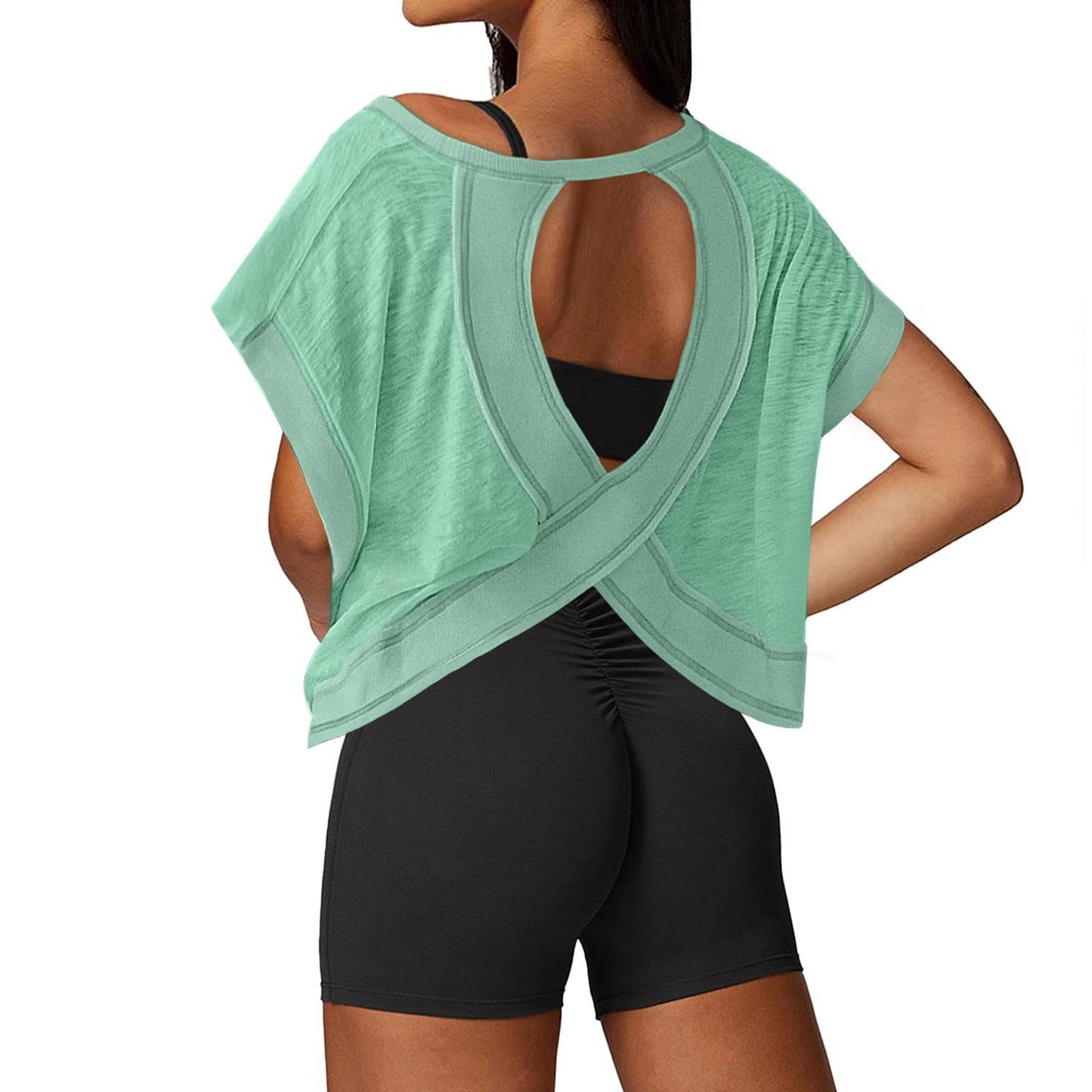 UNIANKIYA Open Back Workout Tops for Women Loose Fit Athletic Crop Tee Short Sleeve Gym Running Yoga Shirt Pea Green